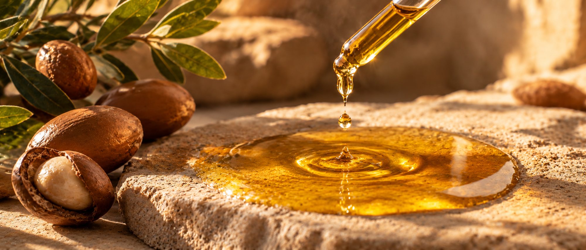 A drop of argan oil falling from a glass dropper onto a stone, with argan nuts and leaves beside it