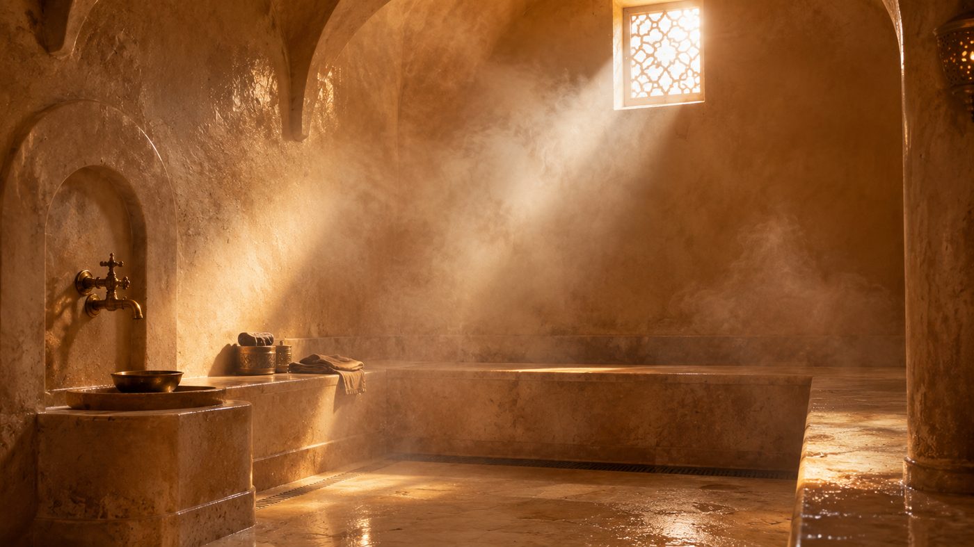Light falling through the steam of a hammam